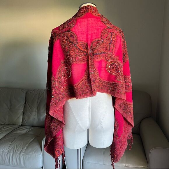 NEW Heirloom Anna Pashmina Shawl Pure Wool Beaded Sequined Embroidered Dark Red - Picture 14 of 16